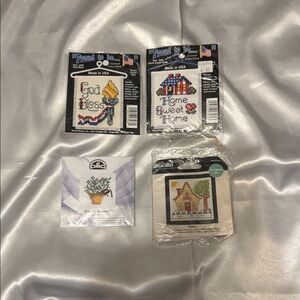 4 Vintage Bucilla, Dmc, and Proud to Be. Cross Stitch Kits with Threads